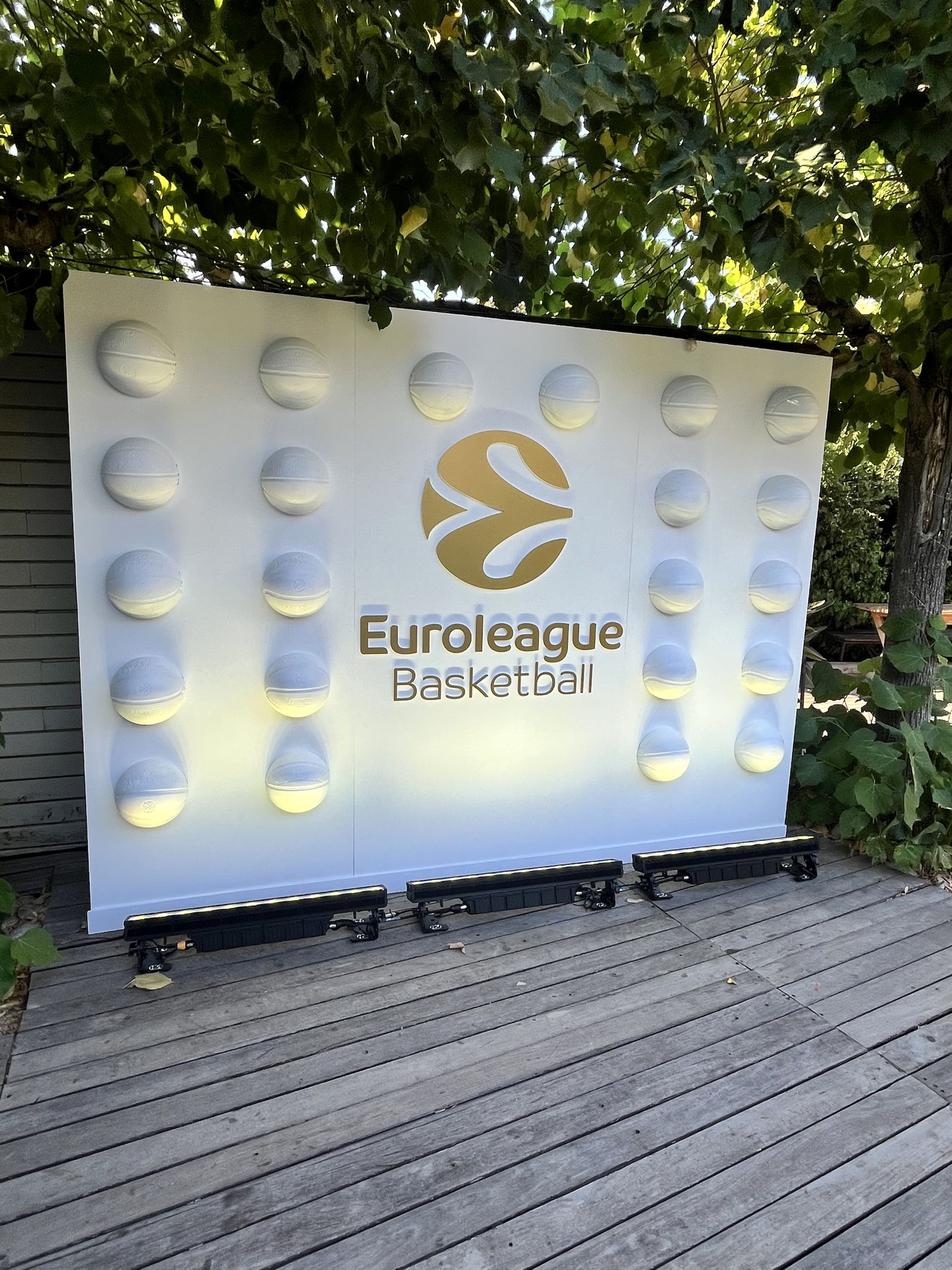 White wall with the Euroleague Basketball logo and real basketballs pressed into it